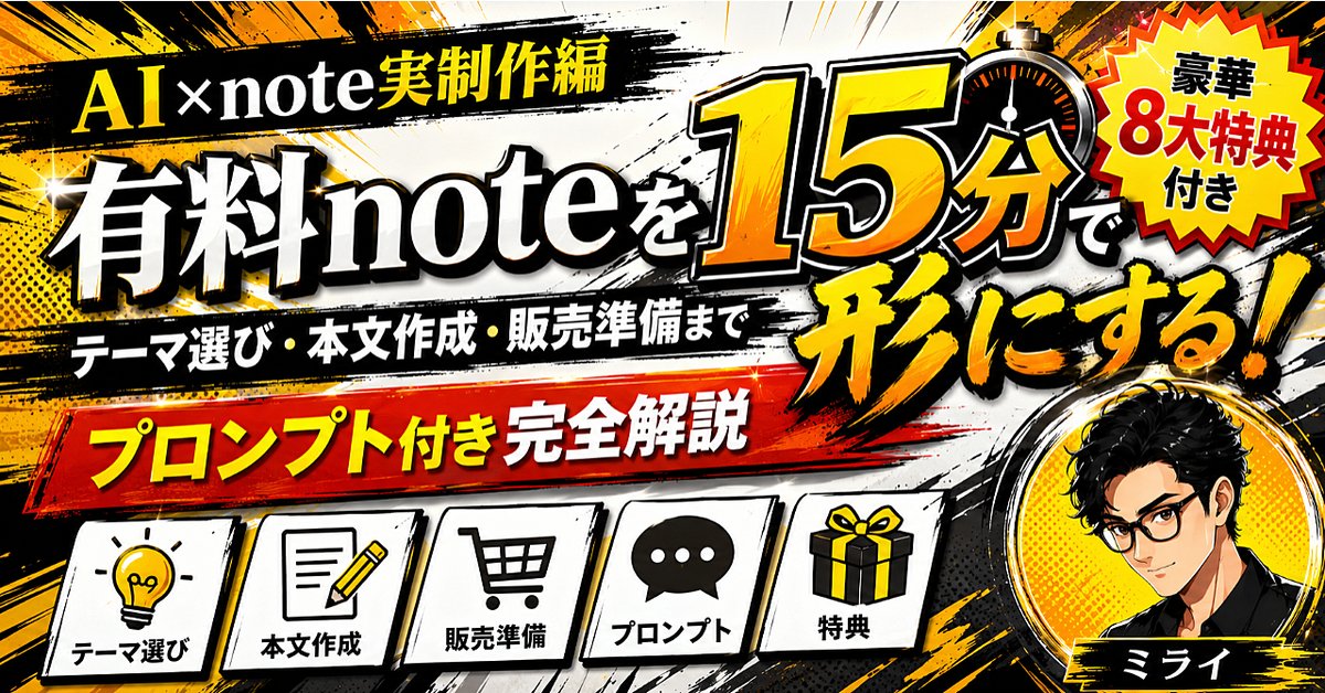 ※豪華8大特典付き【AI×note実制作編】有料noteを15分で形にする！テーマ選び・本文作成・販売準備までプロンプト付き完全解説（Brainの販売ページ）