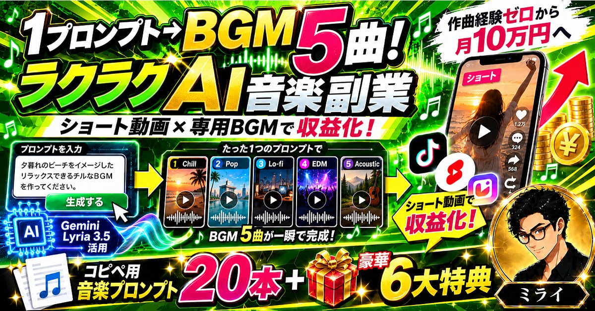 【ラクラクAI音楽副業】1プロンプト→BGM5曲!ショート動画×専用BGMで月10万円を目指す収益化ロードマップ|コピペ用音楽プロンプト20本+Gemini Lyria 3.5活用術(Brainの販売ページ)